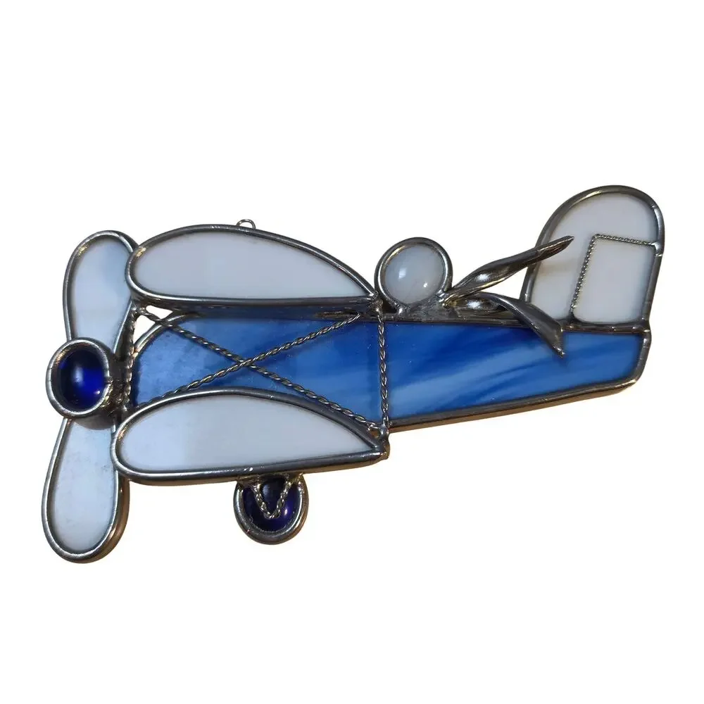 Vintage Stained Glass Biplane Suncatcher Blue White Airplane Window Ornament